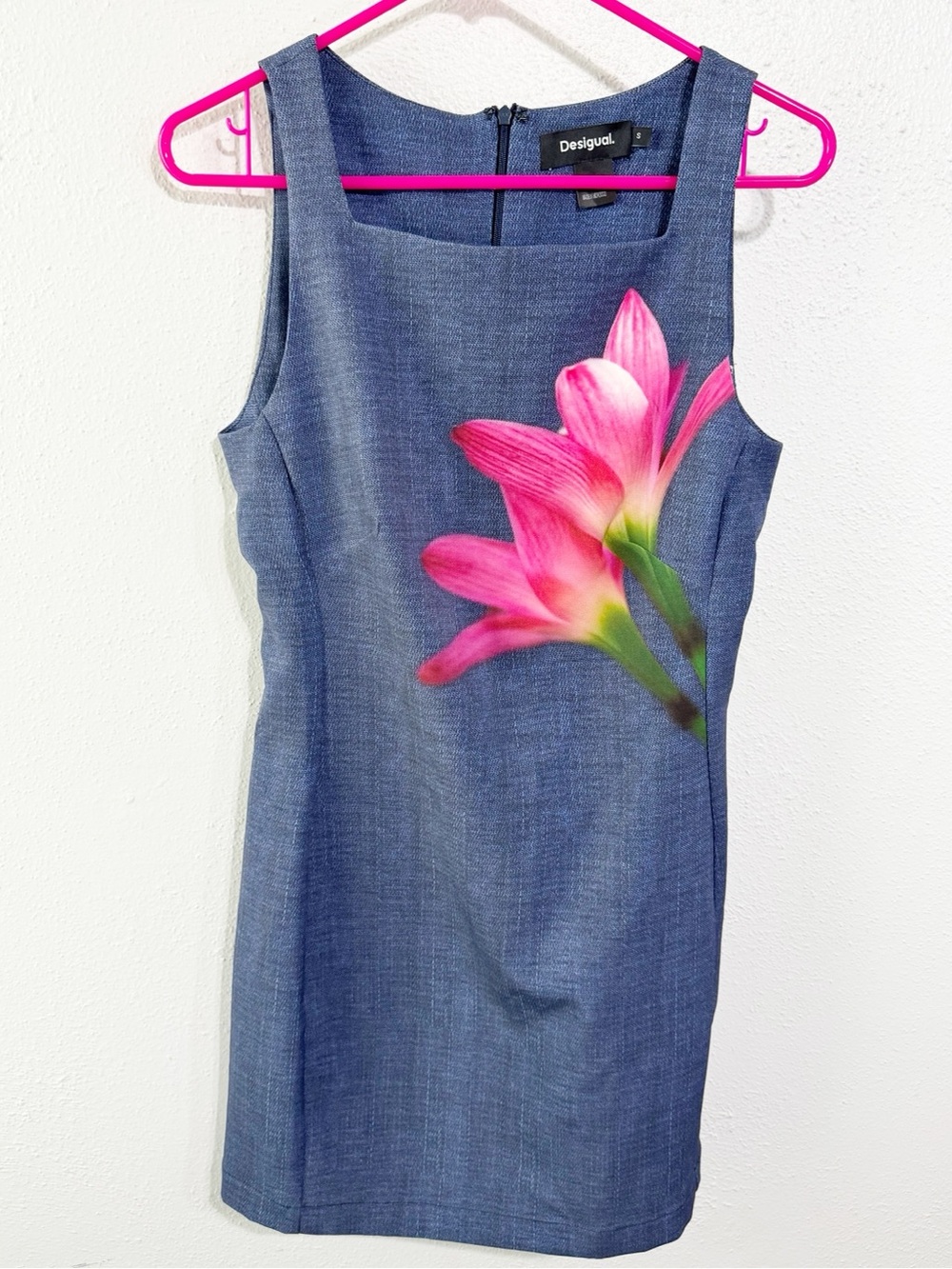 Desigual Denim-Blue Sheath Dress with Pink Floral Accent small